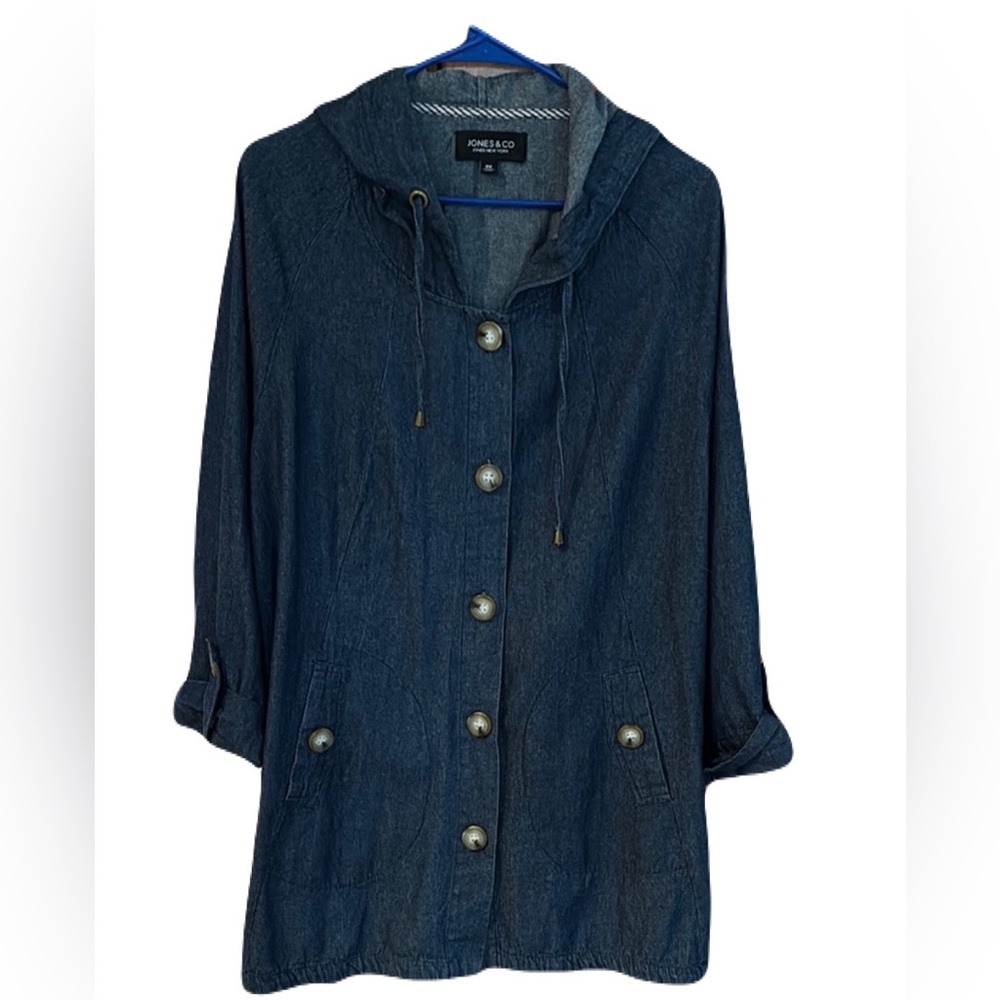 Jones & Co Jones New York Blue Jean Hooded Jacket mid length Buttons Sz 2X